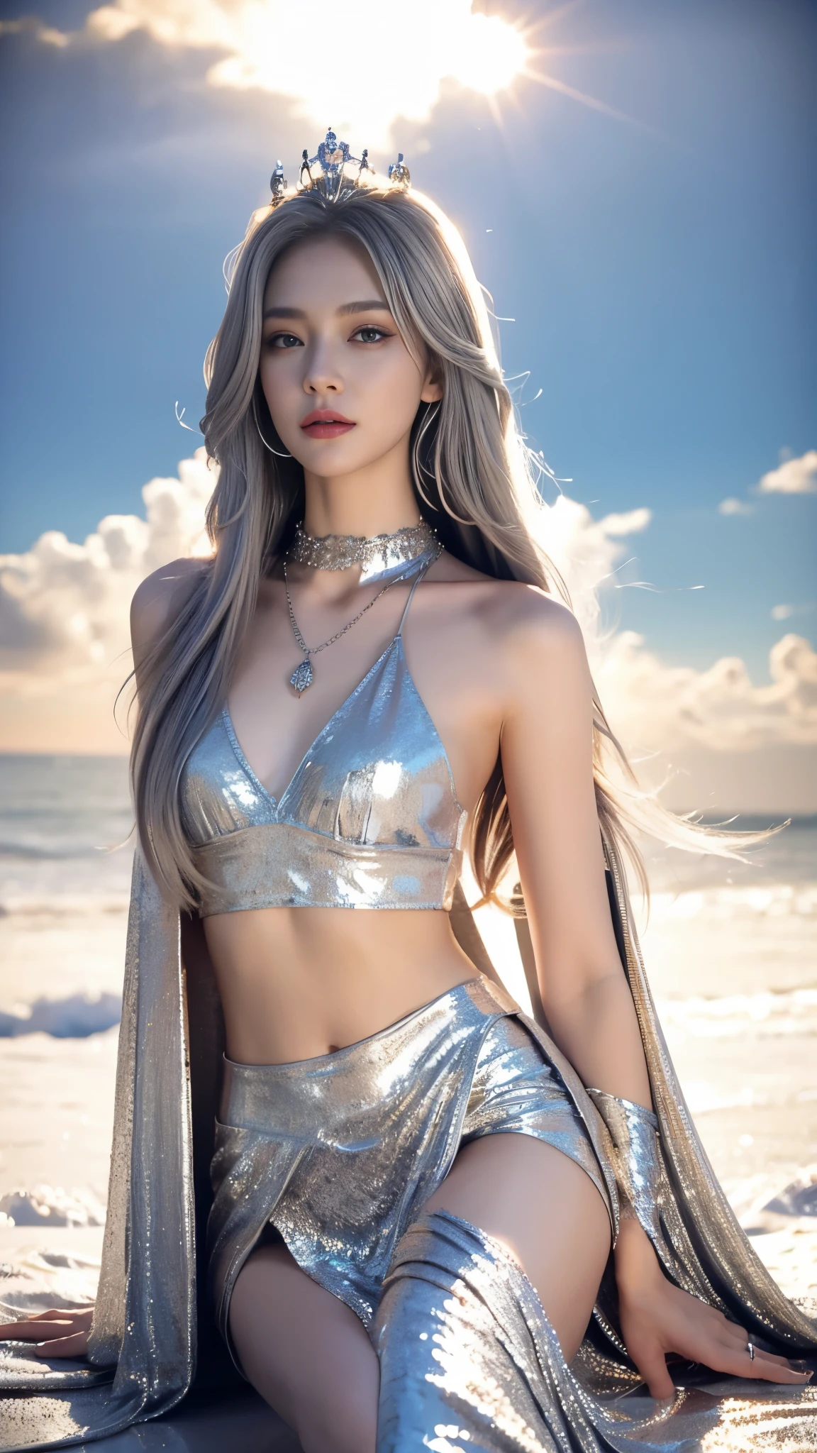 photorealistic, 1girl, ((slim body)), long hair, gradient hair, solo, detailed eyes, jewelry, bracelet, choker, small breasts, looking at viewer, realistic, necklace, (((silver princess))), long skirt, thigh highs, silver cape, sardine, lace, evening, sunlight, clouds, in the sky, clouds, realistic sun light,, detailed, upper body, sitting, 