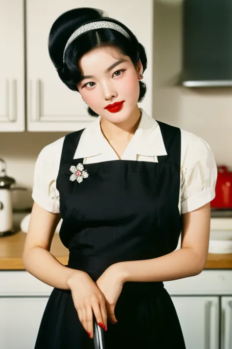 Seoul, 1952, cinematic photo ((1 korean woman)),RAW photo,candid,medium-wide shot,big breasts, strikingly beautiful, delicate fa...