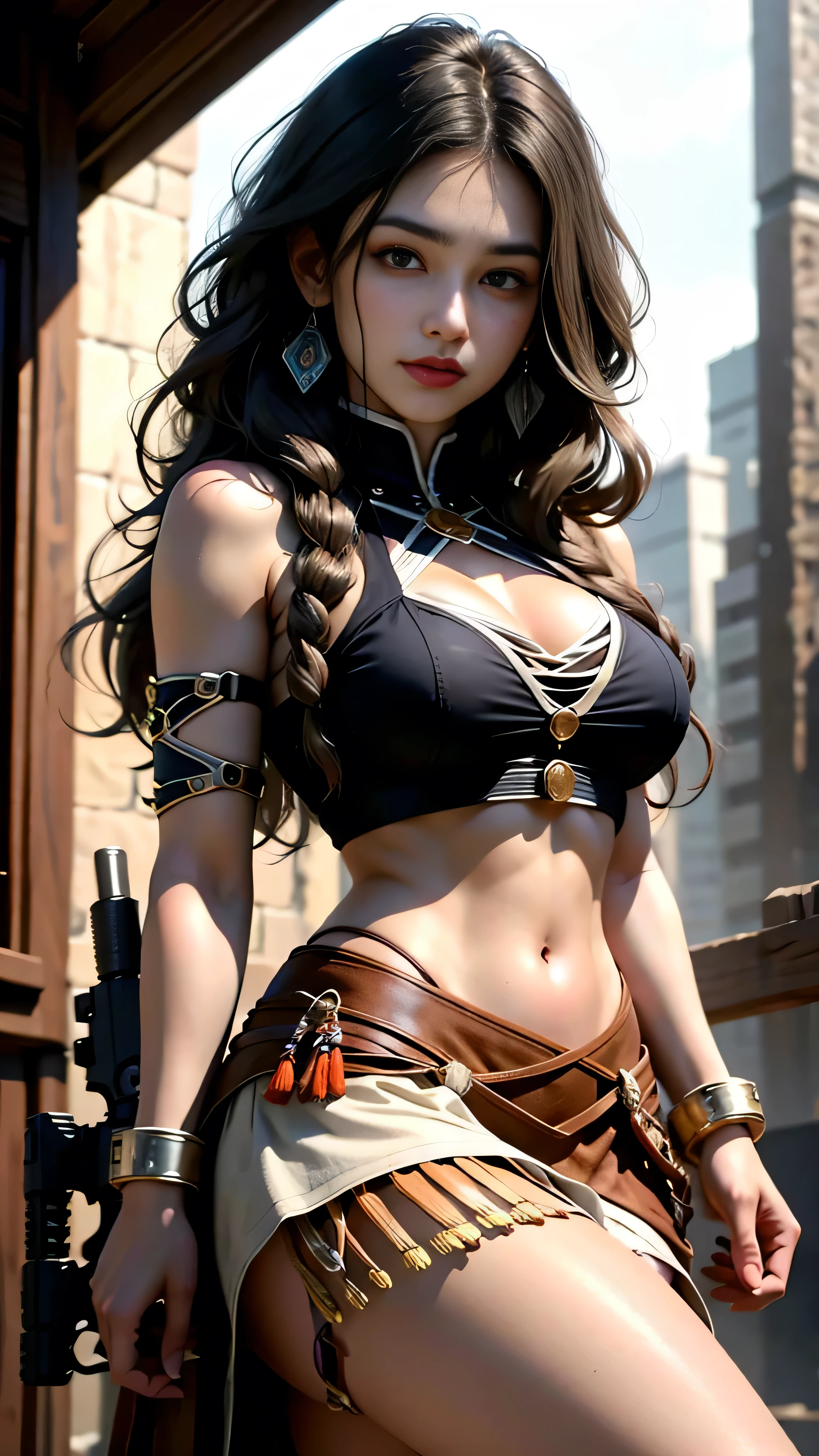 High Quality ultra realistic image of a woman.  The woman is a mixture of native american and jewish.  Strong features, fair skin.  Dark brown curly hair, dark eyes.  The woman is dressed in semi-futuristic combat attire.  She has guns and knives strapped around her body.  The beautiful woman has a smirk.  Her eyes glare with hate.