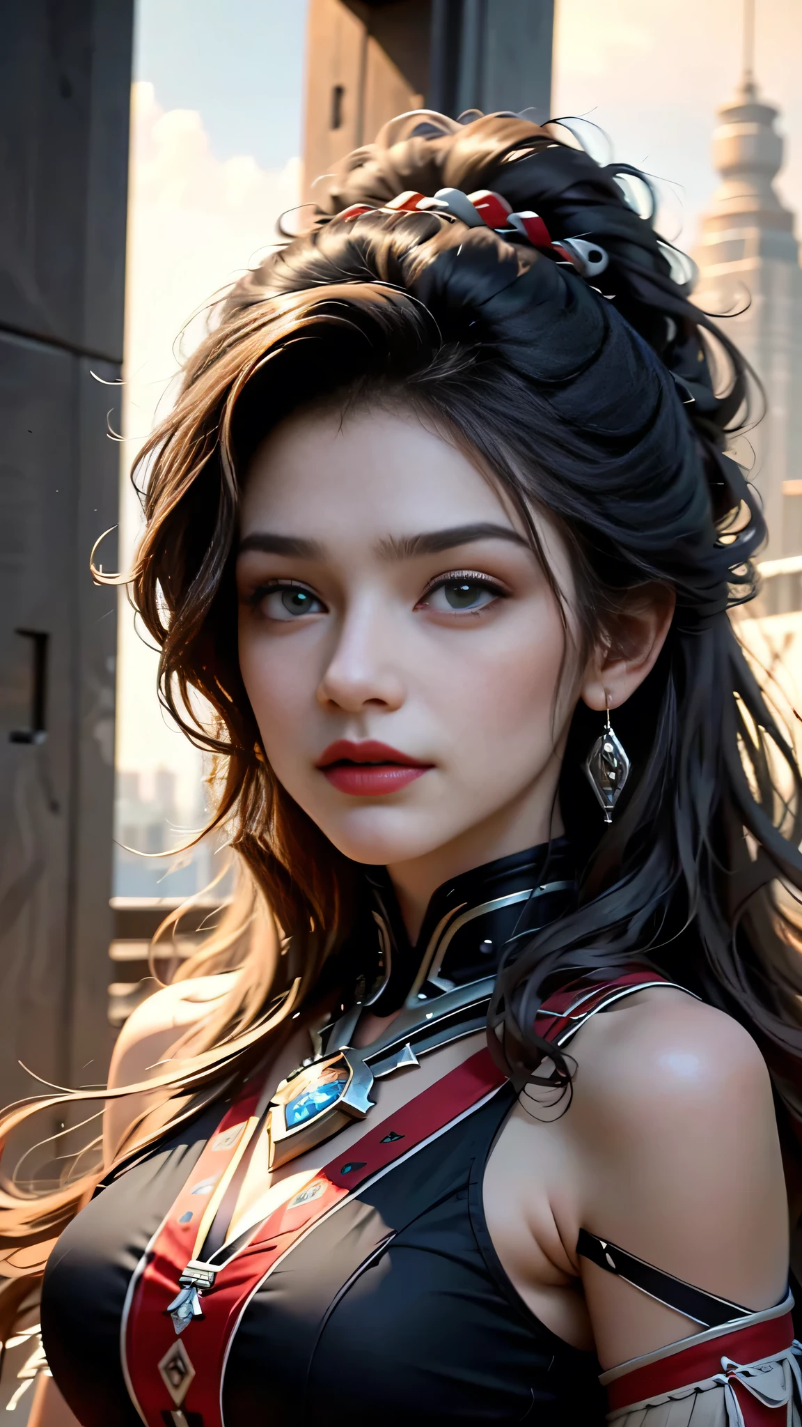 High Quality ultra realistic image of a woman.  The woman is a mixture of native american and jewish.  Strong features, fair skin.  Dark brown curly hair, dark eyes.  The woman is dressed in semi-futuristic combat attire.  She has guns and knives strapped around her body.  The beautiful woman has a smirk.  Her eyes glare with hate.