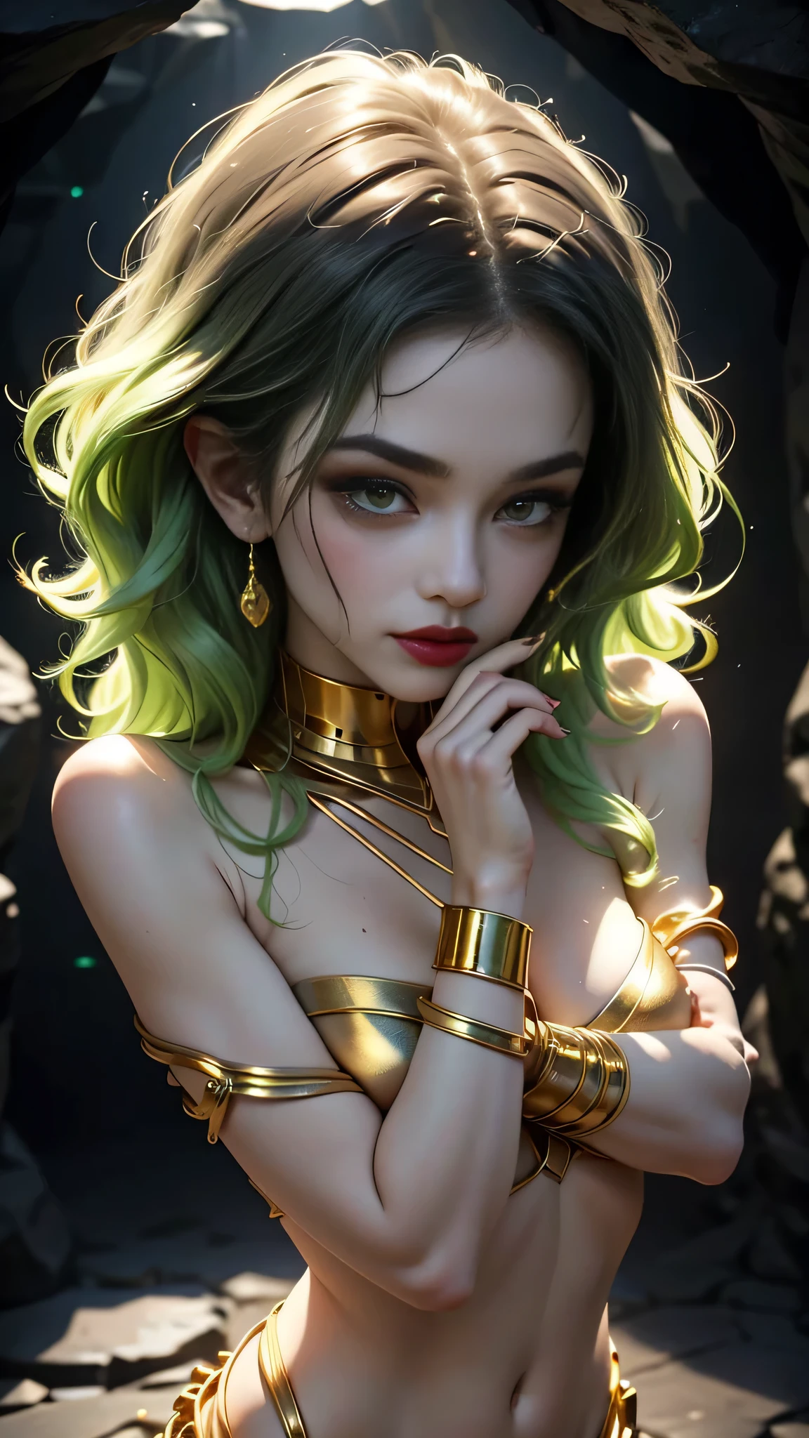 Girl naked in gold body jewelry. She standing in dark cave, Highly Detailed Face and Skin Texture, ((white skin)) big green eyes, slim face, juicy lips, bimbo lips, big puffy breast, breastplates (( curly Black hair)), pale skin, Detailed Eyes, Double Eyelids, cyberpunk gold metal jewelry BDSM, gold metal cyberpunk tapes on body, metal Collar, metal gold futuristic tiny Panties t-strings, metal Tiny panties, metal stickini, metal cupless bra, metal clothes, gold body jewelry, wet skin, she is naked. ((The woman is in a dark cave)). Ring in the nose.
