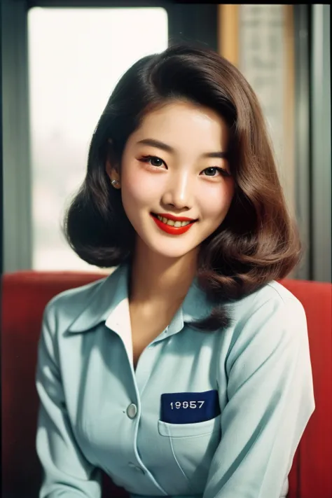 Seoul, 1952. A young korean girl, 23-year-old, strikingly beautiful, sexy girl, delicate facial features, porcelain skin, expres...