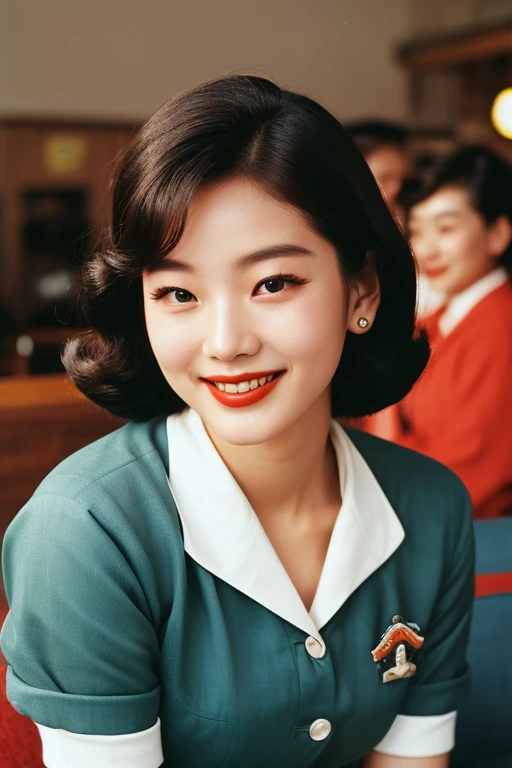 Seoul, 1952. A young korean girl, 23-year-old, strikingly beautiful, sexy girl, delicate facial features, porcelain skin, expressive eyes, in the Dabang, The Original Korean Coffee House, ((awe and joy expression)), ((((clothings from the 1950s)))), ((hairstyle of the 1950s)), colorful, a picture, sitting on the sofa, cowboy shot,