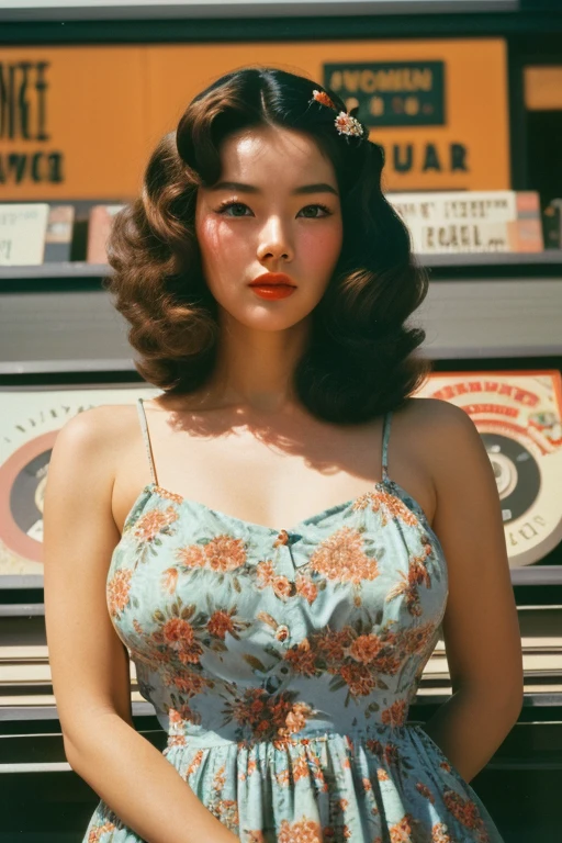 analog film photo solo, tstyle, realistic, ((vintage photo)), ((korean beautiful woman)), big breasts, strikingly beautiful, delicate facial features, porcelain skin, expressive eyes, ((her hair styled in classic pin curls)), ((Floral Print Midi Dresses)), ((1960s record store)), ((dynamic pose)), high detailed, (cinematic shot:1.3), pastel themed colorgrade, faded film, desaturated, 35mm photo, grainy, vignette, vintage, Kodachrome, Lomography, stained, highly detailed, found footage, cowboy shot,