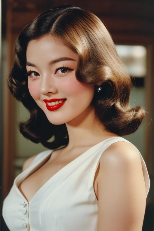 cowboy shot, masterpiece photo, ((retro vintage)), photography, ((1950s vibe)), year 1950, 22 years old korean woman, big breasts, strikingly beautiful, delicate facial features, porcelain skin, expressive eyes, black hair, red lips, erotic pose, vintage white sleeveless dress, wavy hair, hd, color image, short hair, ((hairstyle of the 1950s)), winter, brunette, smile