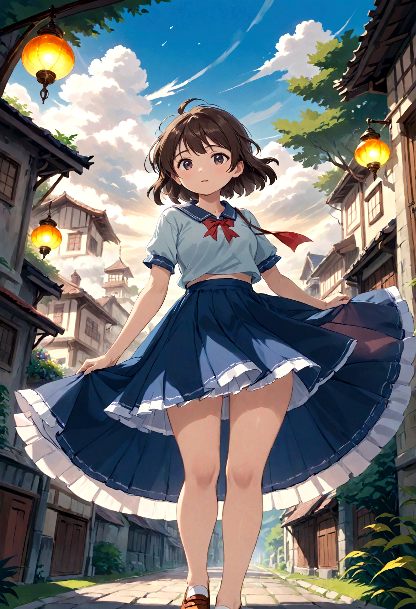 Low - Angle、Long skirt、強WindでHolding the flipping skirt with your hand、強WindでWhite cotton pantiesが見えている、:((Holding the flipping skirt with your hand))Low - Angle8Kで、highest quality、masterpiece、Ultra-detailed、Ultra-high resolution、Anime Style、1. High school girl、強Wind、((Holding the flipping skirt with your hand))、(impatient)White cotton panties:1.5), (Wind:1.25), (highest quality:1.0), (masterpiece:1.0), (Ultra-fine illustrations:1.0), ネイビーブルーのLong skirt、
、Lined、