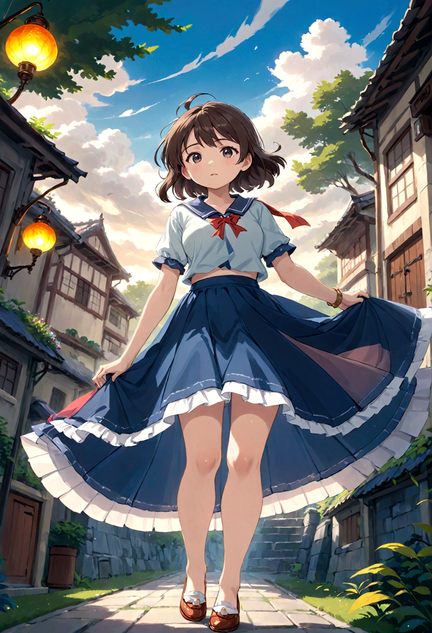 Low - Angle、Long skirt、強WindでHolding the flipping skirt with your hand、強WindでWhite cotton pantiesが見えている、:((Holding the flipping skirt with your hand))Low - Angle8Kで、highest quality、masterpiece、Ultra-detailed、Ultra-high resolution、Anime Style、1. High school girl、強Wind、((Holding the flipping skirt with your hand))、(impatient)White cotton panties:1.5), (Wind:1.25), (highest quality:1.0), (masterpiece:1.0), (Ultra-fine illustrations:1.0), ネイビーブルーのLong skirt、
、Lined、