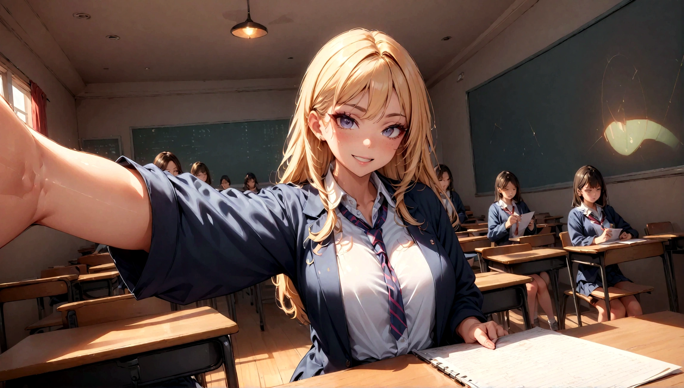 ((many students:1.8) are sit and taking the exam:1.6), (1female\(silly,smile,flashy makeup,JK,gyaru peace sign,blonde,dynamic pose\) taking selfie of herself taking the exam),teacher is mad at her, BREAK ,quality\(8k,wallpaper of extremely detailed CG unit, ​masterpiece,hight resolution,top-quality,top-quality real texture skin,hyper realisitic,increase the resolution,RAW photos,best qualtiy,highly detailed,the wallpaper,cinematic lighting,ray trace,golden ratio\),(long shot:1.2),dynamic angle