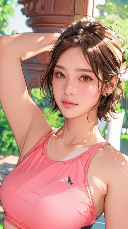 Highly detailed CG Unity 8k wallpaper, highest quality, Very detailed, Realistic, photo realistic, Very knowledgeable cute girl, Age 25, logic, Belly logic, Round eyes, audience, blush, Lips parted, Half Body Shot, Sportswear, Gym, Underarm, short hair, Underarm, masterpiece, textured skin, high details, 8k