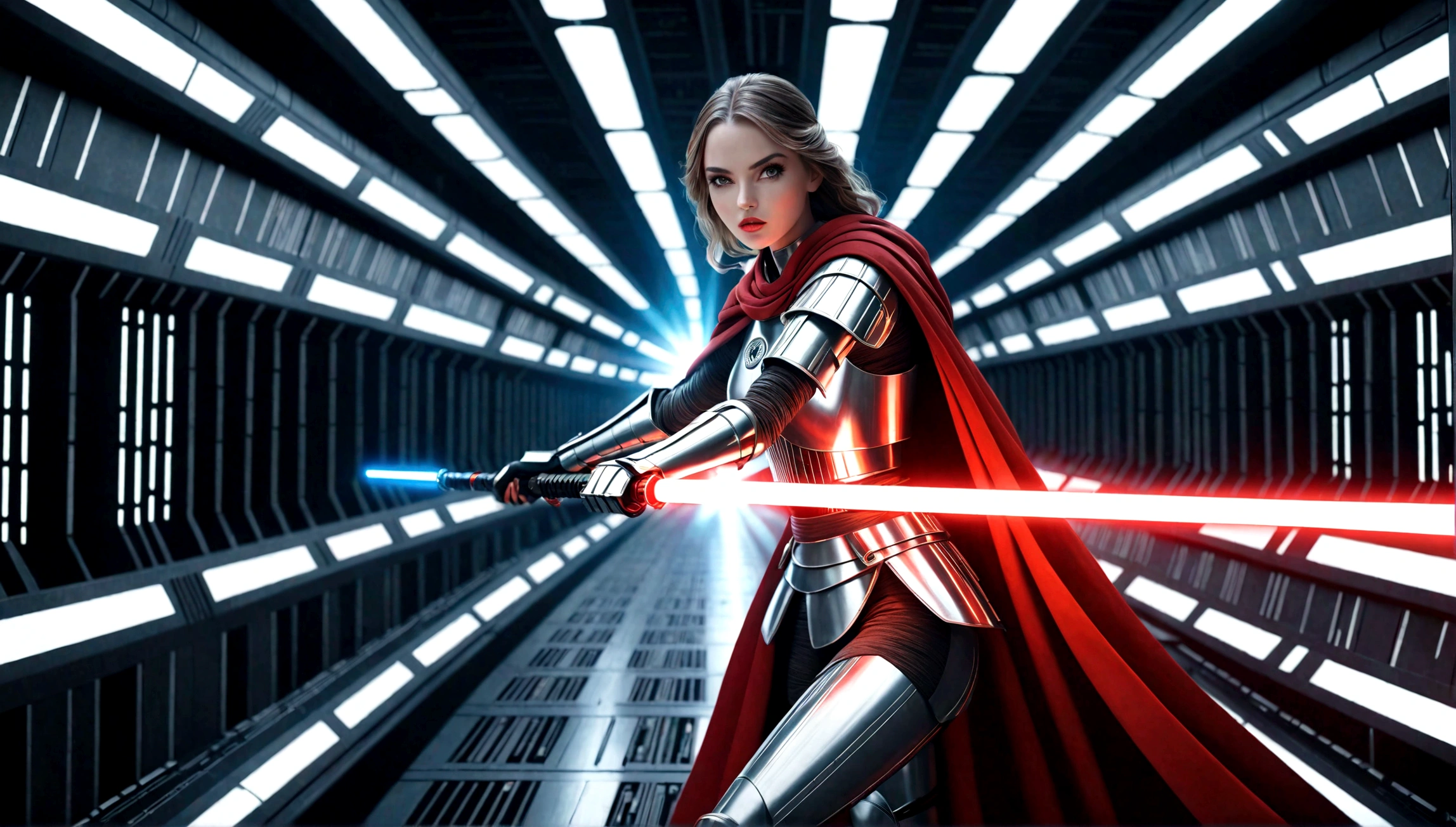 A detailed female knight, cloak, beautiful detailed eyes, beautiful detailed lips, extremely detailed face, long eyelashes, wielding a glowing lightsaber, slashing through the metallic hallway of the Death Star, dramatic lighting, cinematic composition, vibrant colors, photorealistic, 8K, high quality, intricate details, dynamic action, science fiction, cinematic style