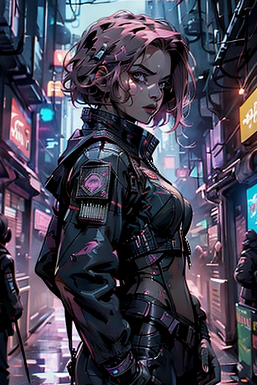 ((ultrarealistische Illustration:1.2)),(cyberpunk:1.4),(dunkle Science-Fiction:1.3). Sexy mech pilot, mit kurzen rosa Haaren, trägt einen Lederbody, Jacke, Overknee-Stiefel. rebellisch. Dystopische Megastadt, gepanzerter Kern, Battletech. Frontmission. Meisterwerk, (sehr detailliert:1.2),(Detailliertes Gesicht und Augen:1.2), 8k Hintergrundbild, natürliche Beleuchtung. Kern-Schatten, Hoher Kontrast, bokeh.