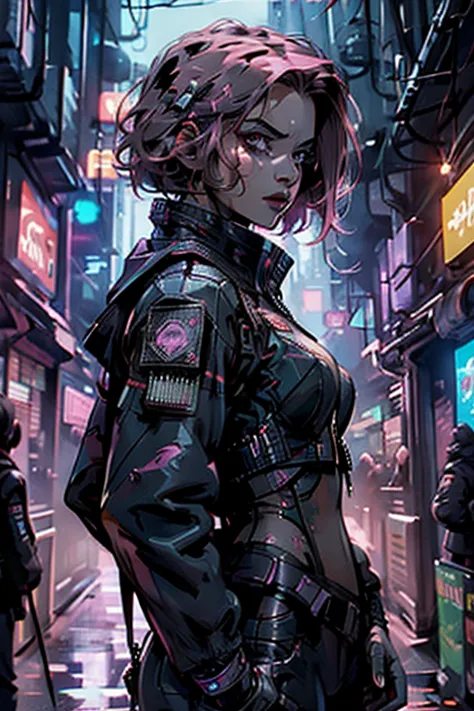 ((ultra realistic illustration:1.2)),(cyberpunk:1.4),(dark sci-fi:1.3). Sexy mech pilot, with short pink hair, wearing leather b...