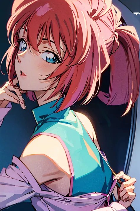 anime girl with pink hair and blue eyes weaalsog a vest, april rendering, sayori, another close-up of iwakura, 8k portrait rende...