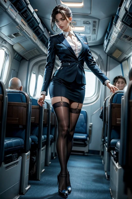 Beautiful woman in light blue flight attendant outfit、1 girl、Delicate face、Detailed eyes and face、double eyelid、Glossy lips、Dark brown updo、Flight attendant cosplay、Black Stockings、Highly detailed costume、Mature sexy woman、very beautiful、A beautiful woman、8K,highest quality, masterpiece、Ultra-high resolution、Full body portrait, Official Art、High-definition skin texture、Sharp long legs、In-flight