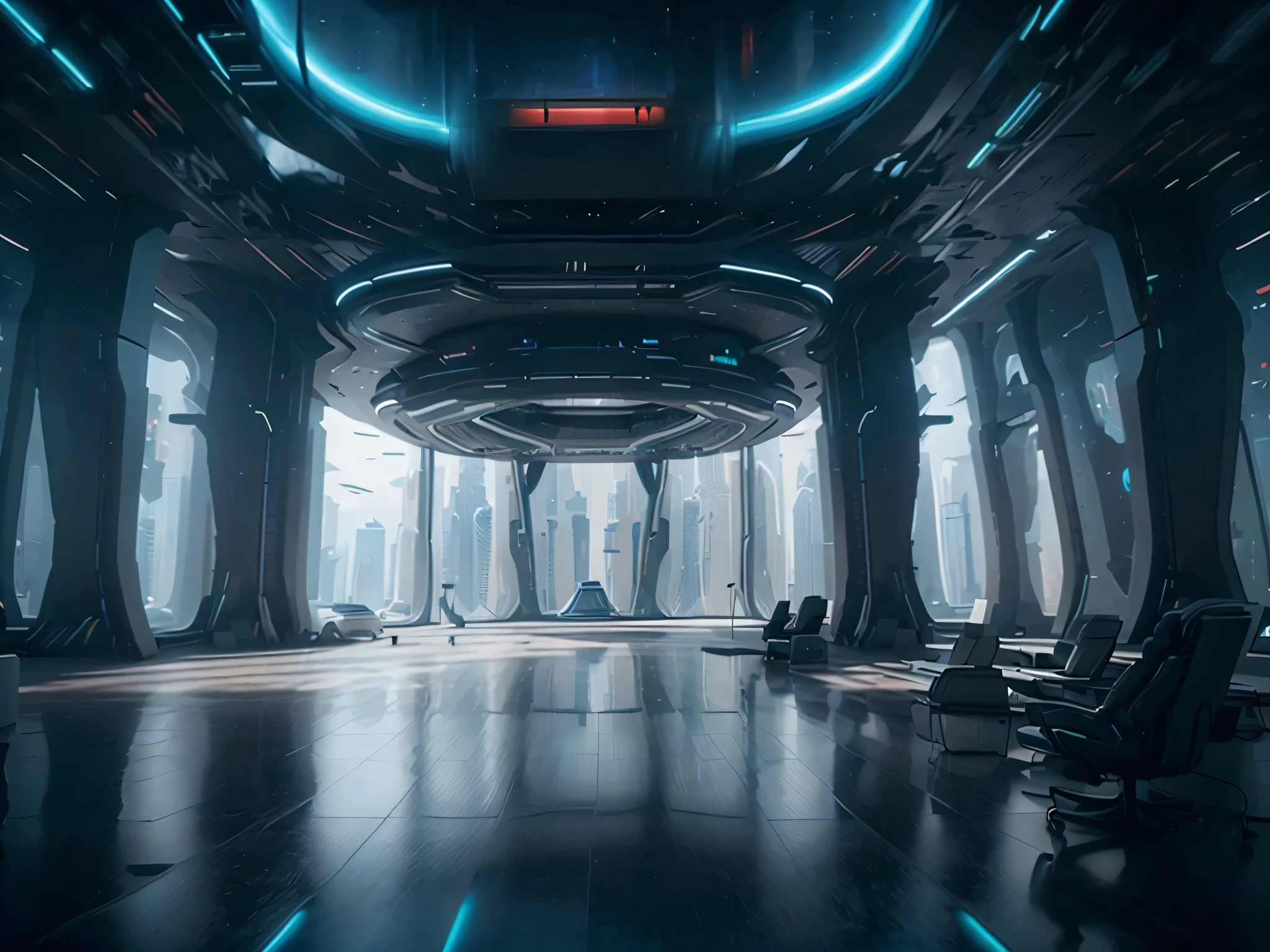 a huge conference room, cityscape of a futuristic sci-fi city outside the floor-to-ceiling windows, interior design, minimalist, clean lines, mood lighting, high-tech, ultra-detailed, 8k, cinematic, dramatic lighting, cyberpunk, hologram, futuristic, megastructure, extremely huge