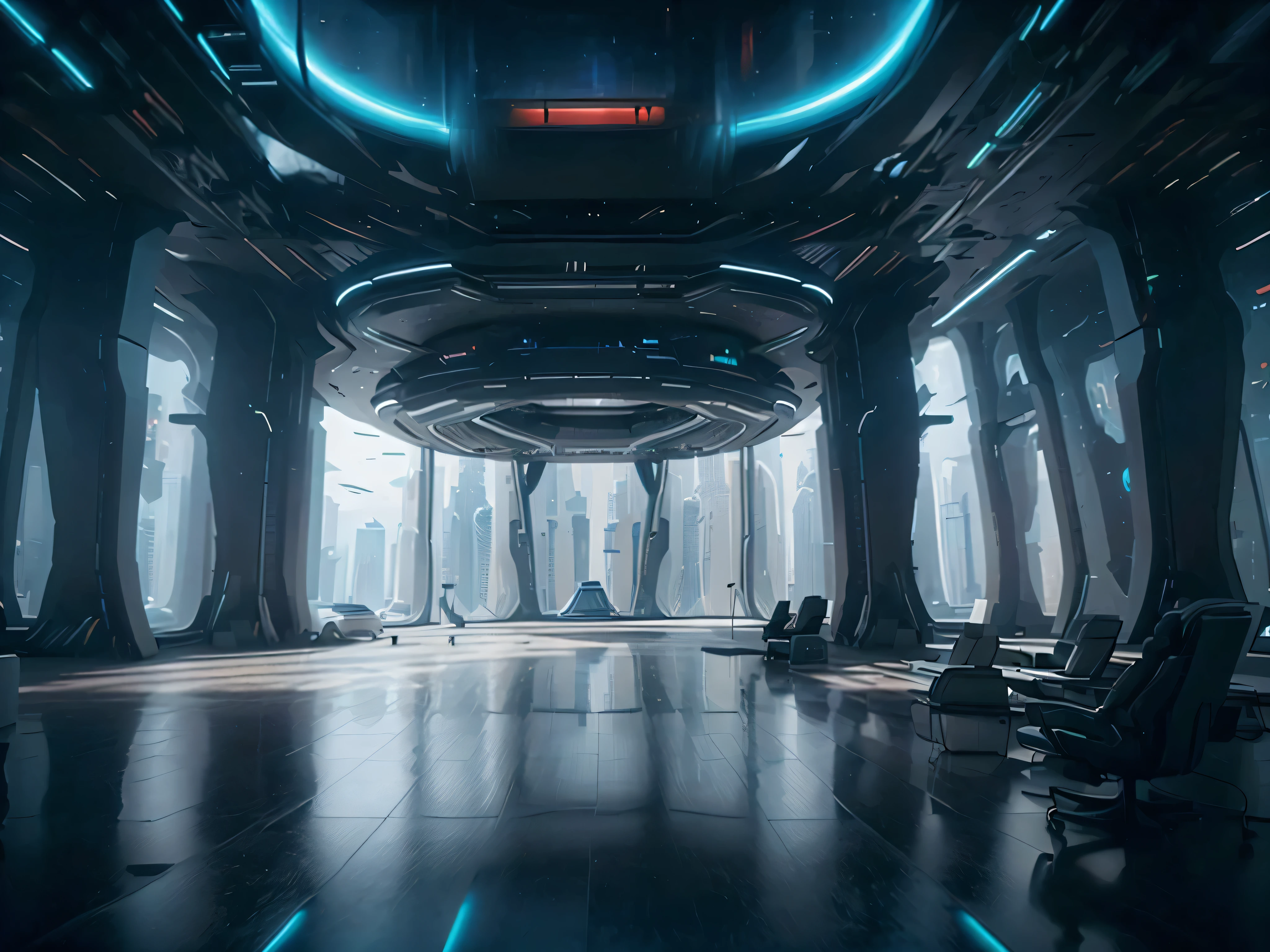 une immense salle de conférence, cityscape of a futuriste sci-fi city outside the floor-to-ceiling windows, design d&#39;intérieur, minimaliste, Des lignes épurées, Éclairage d&#39;ambiance, technologie de pointe, ultra-détaillé, 8k, Cinématique, Éclairage dramatique, cyberpunk, hologramme, futuriste, mégastructure, extrêmement énorme