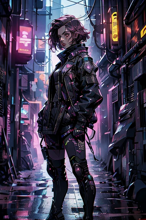 (full body:1.4),((ultra realistic illustration:1.2)),(cyberpunk:1.4),(dark sci-fi:1.3). Sexy mech pilot, with short pink hair, wearing leather bodysuit, jacket, thigh high boots. Rebellious. Dystopic megacity, gritty, neon, hell, Armored Core, Battletech. Front Mission. Masterpiece, (highly detailed:1.2),(detailed face and eyes:1.2), 8k wallpaper, natural lighting. core shadows, high contrast, bokeh.