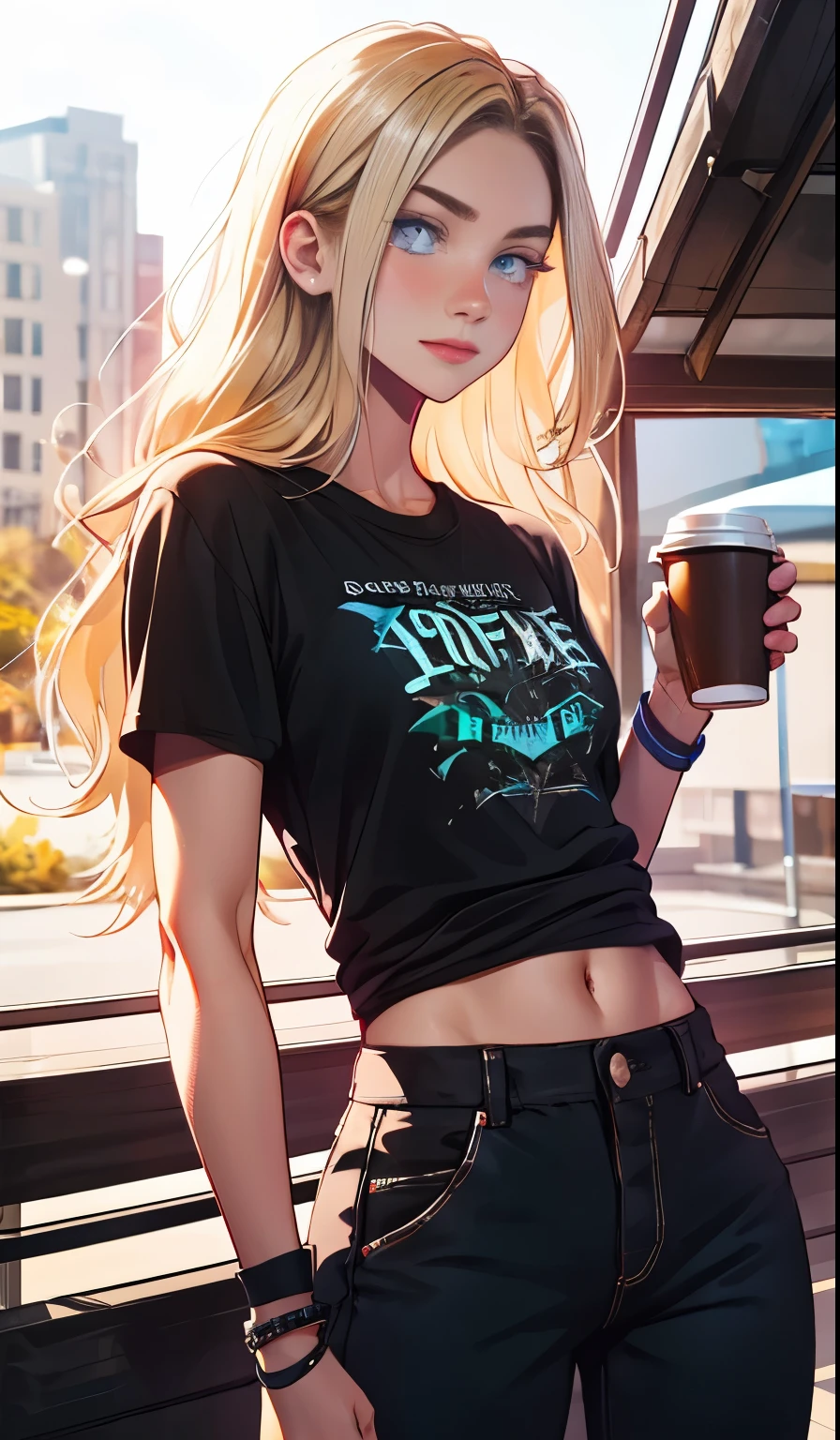 Metallfamilie, Mädchen, , blonde, widerspenstiges langes Haar, mit blauen Augen, attraktiv, ahtletischer Bau, ein Kaffee-T-Shirt tragen, eng anliegende schwarze Hose, Armbänder.