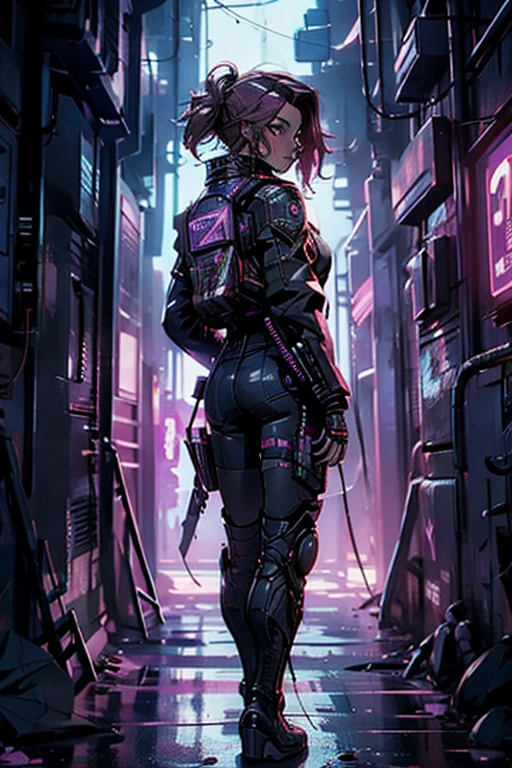 (back view),(full body:1.4),((ultra realistic illustration:1.2)),(cyberpunk:1.4),(dark sci-fi:1.3). ((Sexy)) mech pilot, with short pink hair, wearing leather lingersuit, jacket, thigh high boots. Rebellious. Dystopic megacity, gritty, neon, hell, Armored Core, Battletech. Front Mission. Masterpiece, (highly detailed:1.2),(detailed face and eyes:1.2), 8k wallpaper, natural lighting. core shadows, high contrast, bokeh.