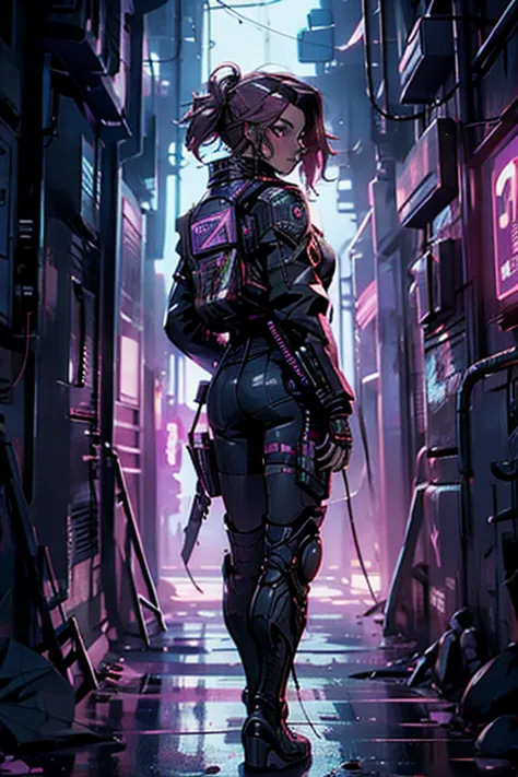 (back view),(full body:1.4),((ultra realistic illustration:1.2)),(cyberpunk:1.4),(dark sci-fi:1.3). ((Sexy)) mech pilot, with sh...