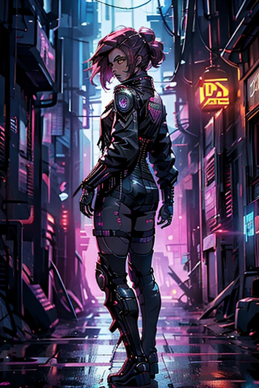 (Rückansicht),(Ganzkörper:1.4),((ultrarealistische Illustration:1.2)),(cyberpunk:1.4),(dunkle Science-Fiction:1.3). ((sexy)) mech pilot, mit kurzen rosa Haaren, einen Leder-Unterwäscheanzug tragen, Jacke, Netzstrümpfe, Overknee-Stiefel. rebellisch. Dystopische Megastadt, grobkörnig, Neon, hell, gepanzerter Kern, Battletech. Frontmission. Meisterwerk, (sehr detailliert:1.2),(Detailliertes Gesicht und Augen:1.2), 8k Hintergrundbild, natürliche Beleuchtung. Kern-Schatten, Hoher Kontrast, bokeh.