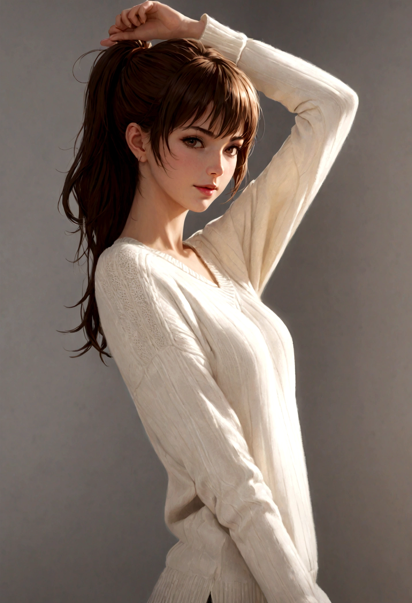 Masterpiece, best quality, high resolution, ultra high resolution, (upper body:1.3), front view, 1 girl, solo, beautiful girl, short hair, brown hair, (bangs), ponytail, slim body, tall body, beautiful body, (breasts:1.3), cleavage, (white virgin killer sweater:1.3), dleeveless sweater, off the shoulders, standing, (arms behind head:1.3), looking at the viewer, (sexy pose), indoors, bedroom background, virgin killer sweater,beauty,girl