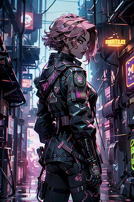 (back view),((ultra realistic illustration:1.2)),(cyberpunk:1.4),(dark sci-fi:1.3). ((Sexy)) mech pilot, with short pink hair, wearing leather lingersuit, jacket, fishnets, thigh high boots. Rebellious. Dystopic megacity, gritty, neon, hell, Armored Core, Battletech. Front Mission. Masterpiece, (highly detailed:1.2),(detailed face and eyes:1.2), 8k wallpaper, natural lighting. core shadows, high contrast, bokeh.