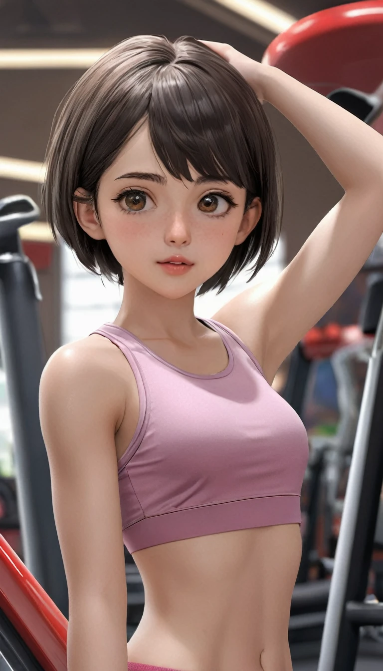 Highly detailed CG Unity 8k wallpaper, highest quality, Very detailed, Realistic, photo realistic, Very knowledgeable cute girl, Age 25, logic, Belly logic, Round eyes, audience, blush, Lips parted, Half Body Shot, Sportswear, Gym, Underarm, short hair, Underarm, masterpiece, textured skin, high details, 8k