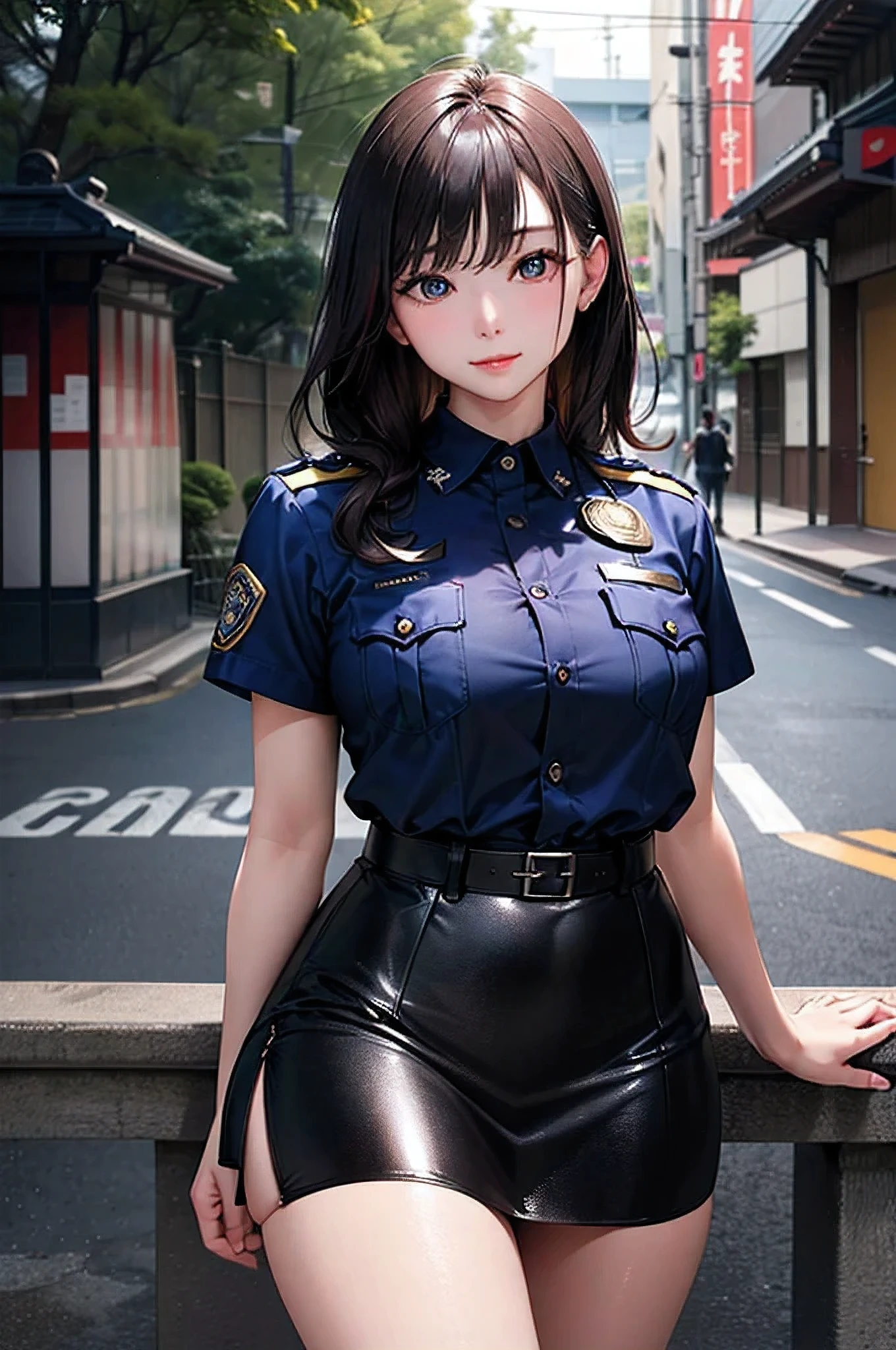 ((masterpiece)), ((highest quality)), ((High resolution)), ((Super detailed)), (photograph), Japan, One woman, police officer, Beautiful Face, Beautiful Eyes, Beautiful clavicle, Beautiful breasts, Beautiful body, Beautiful thighs, Beautiful legs,  (Shiny collared shirt, Tight Skirt),