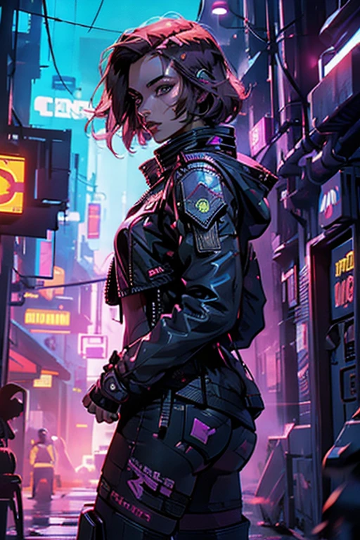 ((ultra realistic illustration:1.2)),(cyberpunk:1.4),(dark sci-fi:1.3). ((Sexy)) mech pilot, with short pink hair, wearing leather lingersuit, jacket, (fishnets), thigh high boots. Rebellious. Dystopic megacity, gritty, neon, hell, Armored Core, Battletech. Front Mission. Masterpiece, (highly detailed:1.2),(detailed face and eyes:1.2), 8k wallpaper, natural lighting. core shadows, high contrast, bokeh.