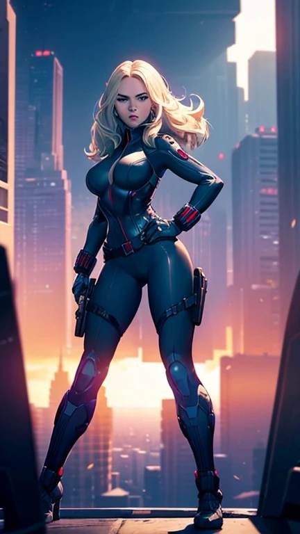 (masterpiece),(Full Body View),(Scarlett Johansson),(Platinum Blonde Hair),(Detailed Ass),(Detailed Green Eyes),(Detailed Nose),(Detailed Lips), toned back, wide hips,(Detailed Thighs), Scarlett Johansson as Black Widow stands poised on a rooftop, overlooking a sprawling cityscape. Captured from behind, her silhouette is defined by the sleek lines of her black tactical suit, complete with holsters and gadgets. Her hair cascades down her back, catching the light from the setting sun. The city below is alive with lights and movement, providing a stark contrast to her still, vigilant figure. She stands with her legs slightly apart and hands on her hips(focus on her thick butt), exuding a sense of readiness and contemplation, prepared for whatever challenges await.