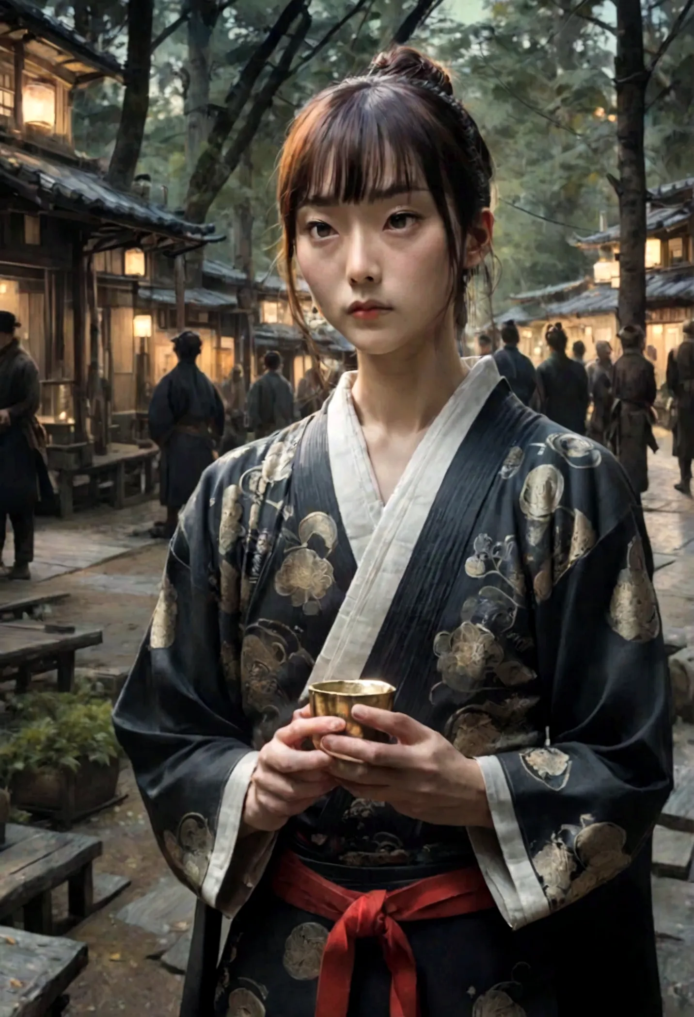 (close up:1.5), Japanese Samurai, Forest glade night background, (dusk), moonlight, Bokeh, (Jeremy Mann and the Art of Edvard Mu...