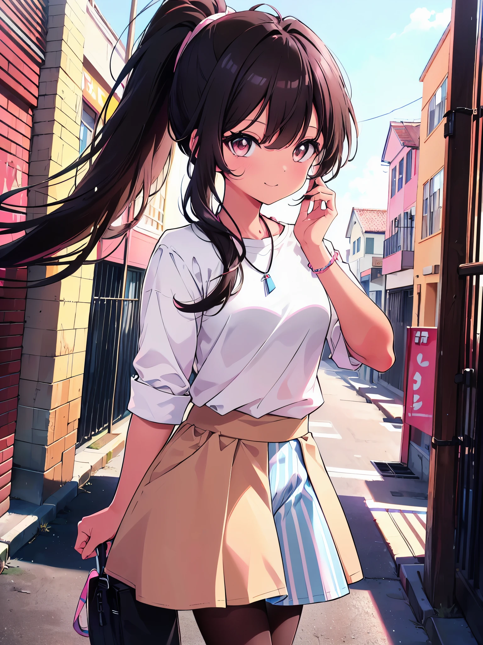 (cowboy shot), colorful, (ultra-high resolution, depth of field:1.2), 1woman, medium breasts, (tan skin:1.4), (brown eyes), (long straight black hair), ponytail, bangs, white, (white casual shirt:1.4), light blue necklace, (pink skirt:1.1), (light blue stripes), (black pantyhose), gentle smile, urban scenery