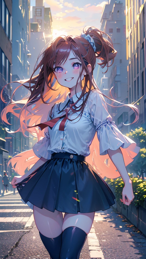 ((masterpiece)), (((HDR))), ((best quality)), (ultra high quality), (hi-res), ((1 anime girl)), cute woman, (((light purple eyes))), beautiful eyes, detailed eyes, ((adult)), (((dark red hair))), (light blue colored inner hair), (bangs), tied hair, ((ponytail)), ((long straight hair)), (((straight hair))), (((small breast))), perfect body, perfect anatomy, long legs, (((zettai ryouiki))), (chubby thighs), ((thigh high socks)), (thin waist), (((thigh gap))), ((happy expression)), (smile), crooked tooth, sharp tooth, cute, facing camera, ((looking up at camera)), (leaning forward), bend at waist, ((short puff sleeves)), short sleeves, collared shirt, shirt collar, boob window, (dark blue skirt), fashionable, (clothing colors blue white gold), (short-sleeved), ruffles, bows, standing, ((dynamic)), point, walking, in the city, outside, buildings, sidewalk, daytime, additional lighting, sunlight on face, noon, bright sun, city scenery, crosswalk, birds