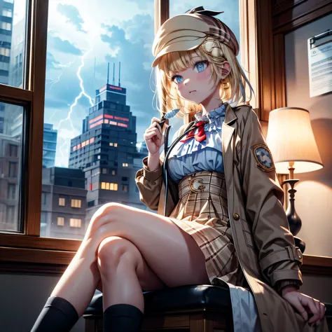 Blonde detective with short hair sitting at the side of a window with a thunderstorm at the distance
she uses a light brown dete...