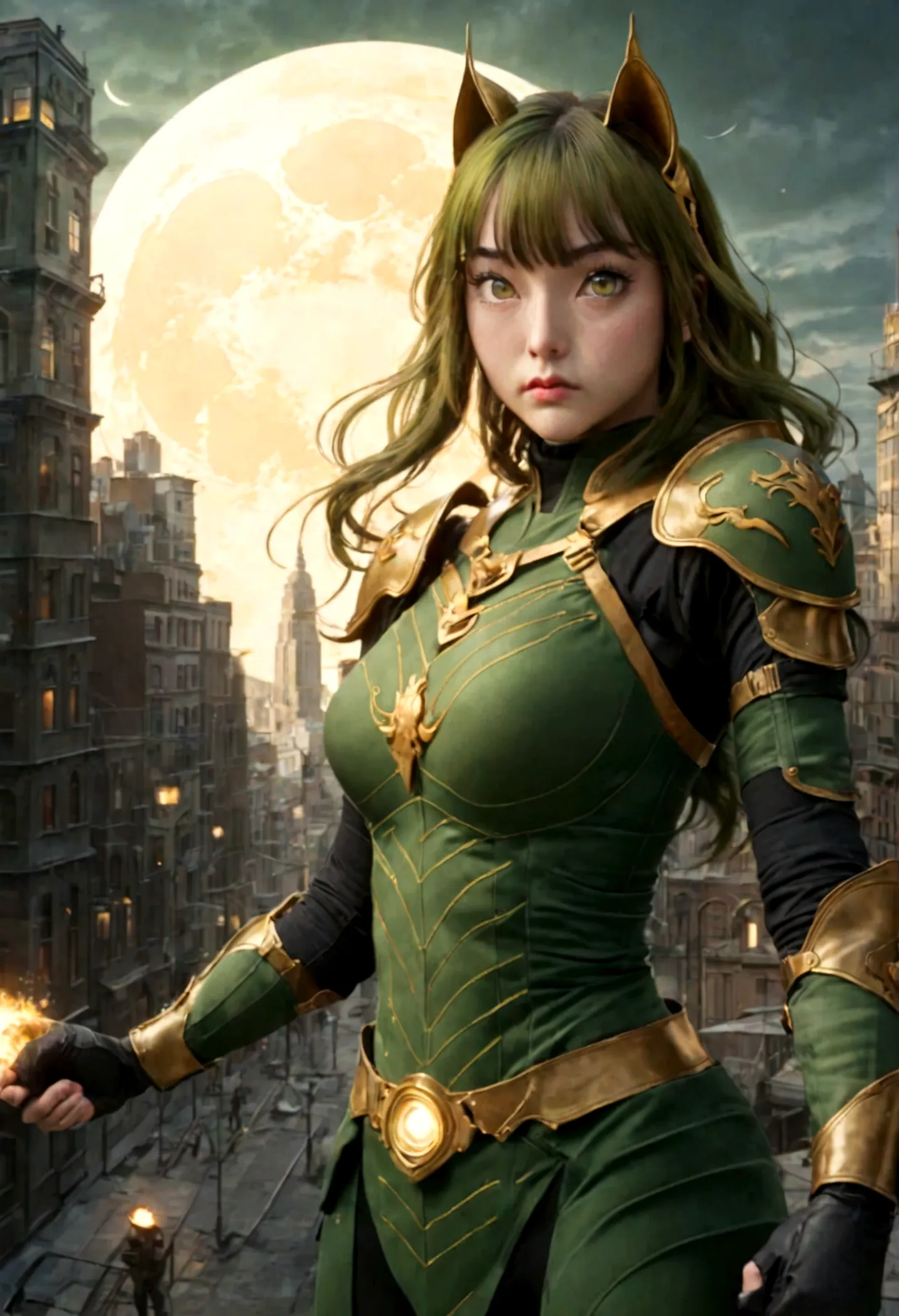 (masterpiece, 4K resolution, Surreal, Very detailed), (Zodiac Knight Theme, Attractive, There is a girl at the top of the city, ...
