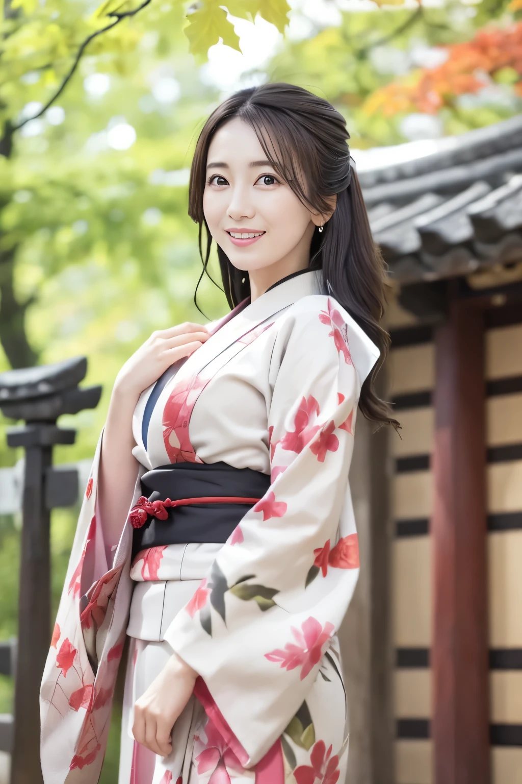 (Super beautiful woman in kimono)、((best qualtiy、8k masterpieces:1.3))、sharp focus:1.2、(ultra beautiful faces:1.0)、(shinny skin:1.0)、photos realistic、A dark-haired、Video Lighting、High-definition eyes and face、Video Lighting、Japanese actressl、from the front side、medium breasts、With a happy smile、((wearing kimono and obi))、Under the autumn leaves、,(( in Japanese temple))