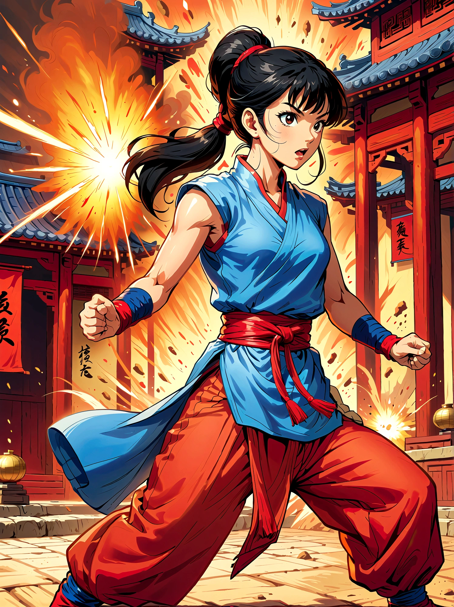 dragonballchichi, chi chi, black eyes, black hair, long hair, hime cut, blunt bangs, sidelocks,bare arms, blue dress, china dress, chinese clothes, dress, high collar, obi, pants, ponytail, red pants, red sash, red wristband, sash, side slit, sleeveless, sleeveless dress, wristband, indoors, dojo, fighting stance, open mouth, looking at viewer, dutch angle, cowboy shot, Looking at the audience，Dynamic poses，fighting，Explosion，Explosion Background，Martial arts tournament background
