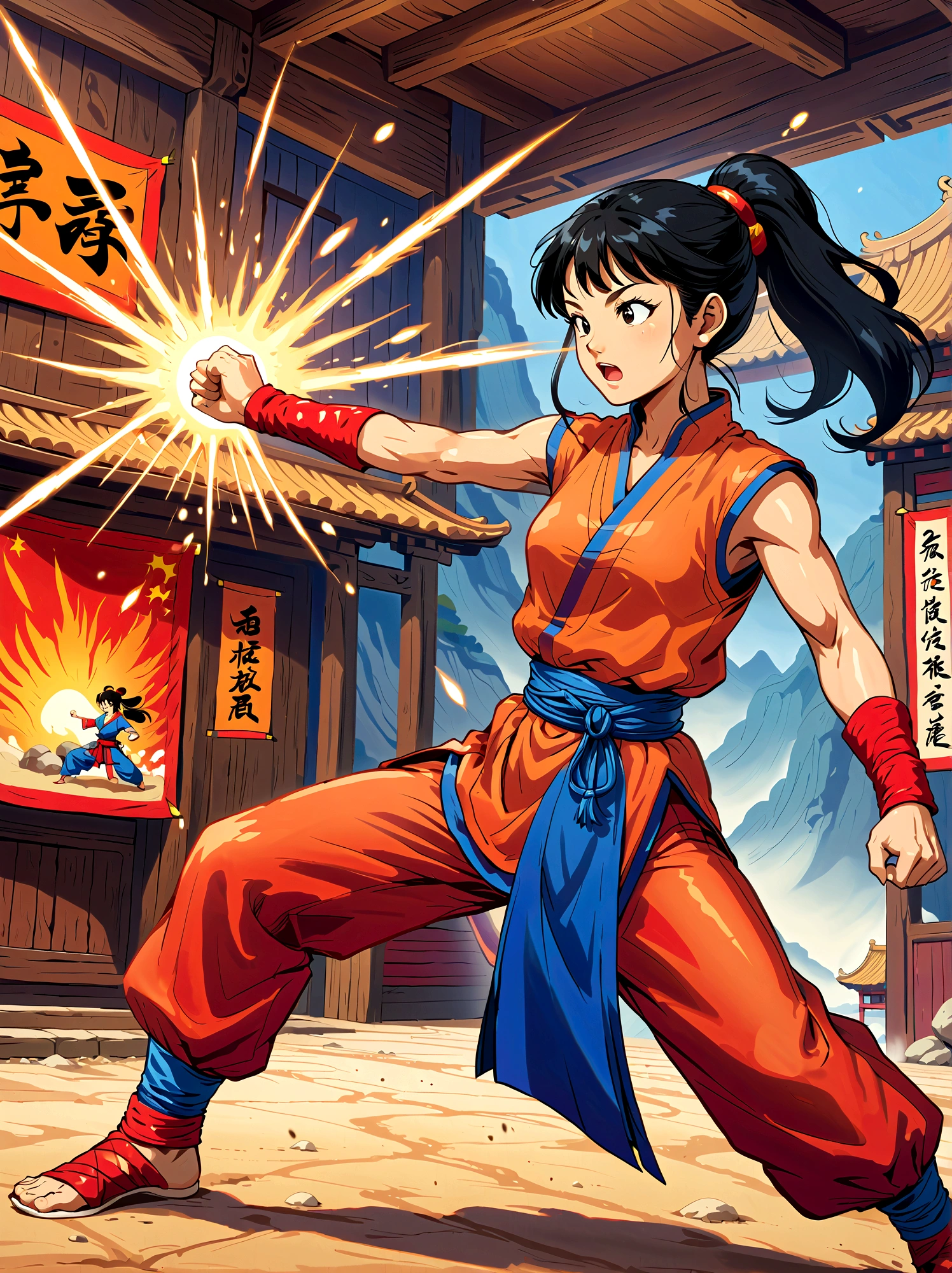 dragonballchichi, chi chi, black eyes, black hair, long hair, hime cut, blunt bangs, sidelocks,bare arms, blue dress, china dress, chinese clothes, dress, high collar, obi, pants, ponytail, red pants, red sash, red wristband, sash, side slit, sleeveless, sleeveless dress, wristband, indoors, dojo, fighting stance, open mouth, looking at viewer, dutch angle, cowboy shot, Looking at the audience，Dynamic poses，fighting，Explosion，Explosion Background，Martial arts tournament background