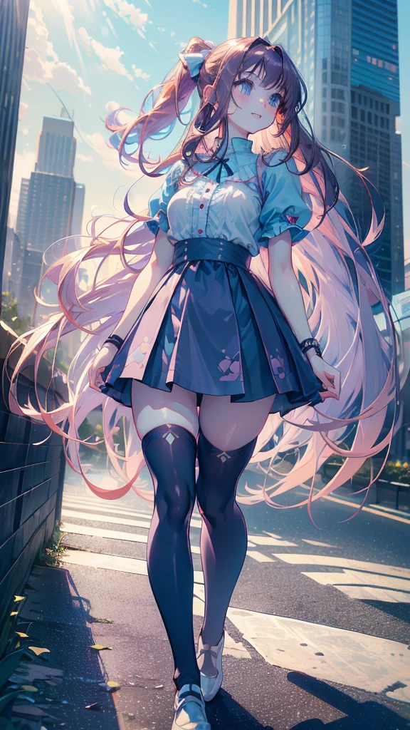 ((masterpiece)), (((HDR))), ((best quality)), (ultra high quality), (hi-res), ((1 anime girl)), cute woman, (((light purple eyes))), beautiful eyes, detailed eyes, ((adult)), (((dark red hair))), (((light blue colored inner hair))), (bangs), tied hair, ((ponytail)), ((long straight hair)), (((small breast))), perfect body, perfect anatomy, long legs, (((zettai ryouiki))), (chubby thighs), ((thigh high socks)), (thin waist), (((thigh gap))), ((happy expression)), (smile), crooked tooth, sharp tooth, cute, facing camera, ((looking up at camera)), (leaning forward), bend at waist, (((short puff sleeves))), (((short sleeves))), collared shirt, shirt collar, boob window, (dark blue skirt), fashionable, (clothing colors blue white gold), (short-sleeved), ruffles, bows, standing, ((dynamic)), point, walking, in the city, outside, buildings, sidewalk, daytime, additional lighting, sunlight on face, noon, bright sun, city scenery, crosswalk, birds
