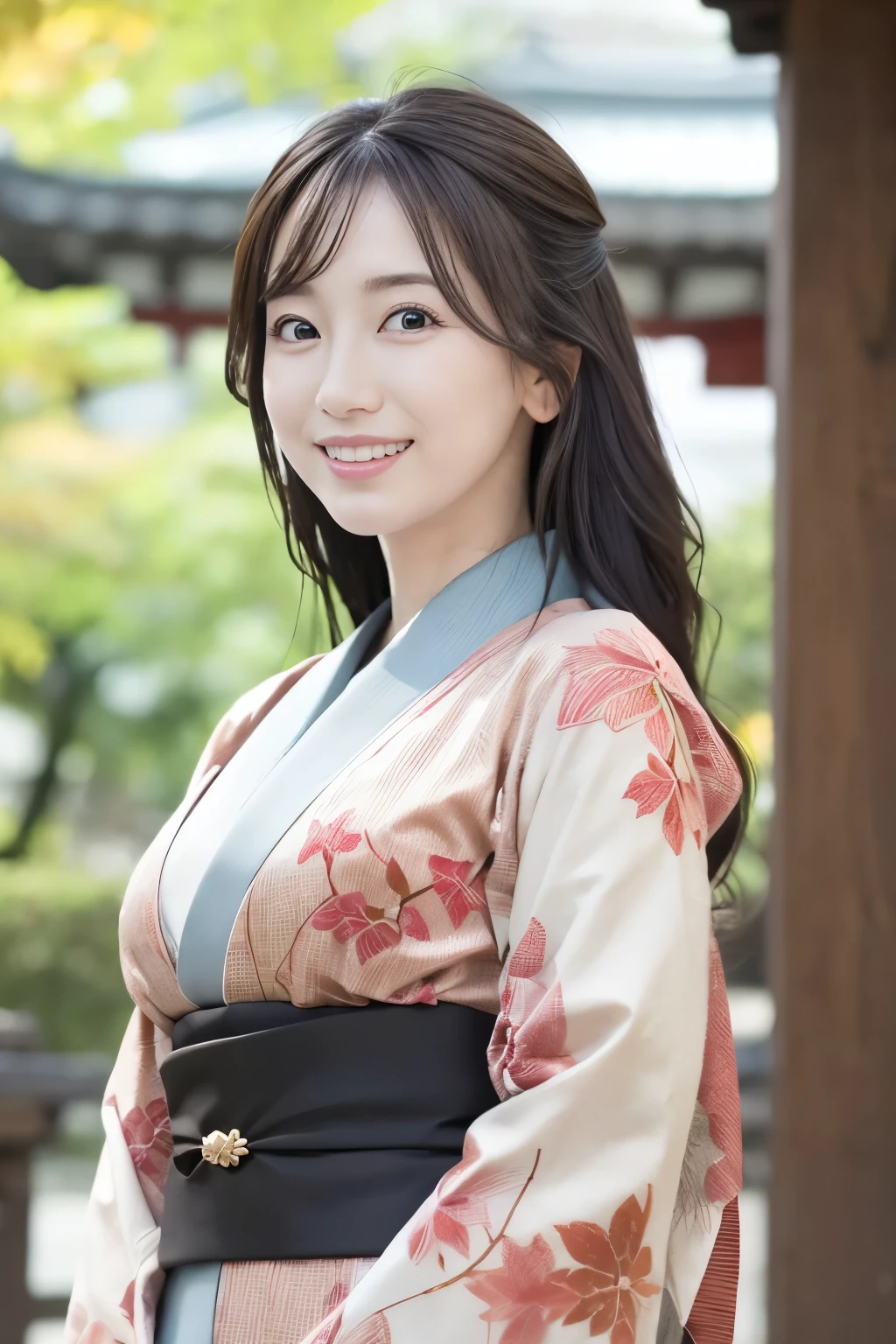 (Super beautiful woman in kimono)、((best qualtiy、8k masterpieces:1.3))、sharp focus:1.2、(ultra beautiful faces:1.0)、(shinny skin:1.0)、photos realistic、A dark-haired、Video Lighting、High-definition eyes and face、Video Lighting、Japanese actressl、from the front side、medium breasts、With a happy smile、((wearing kimono and obi))、Under the autumn leaves、,(( in Japanese temple))