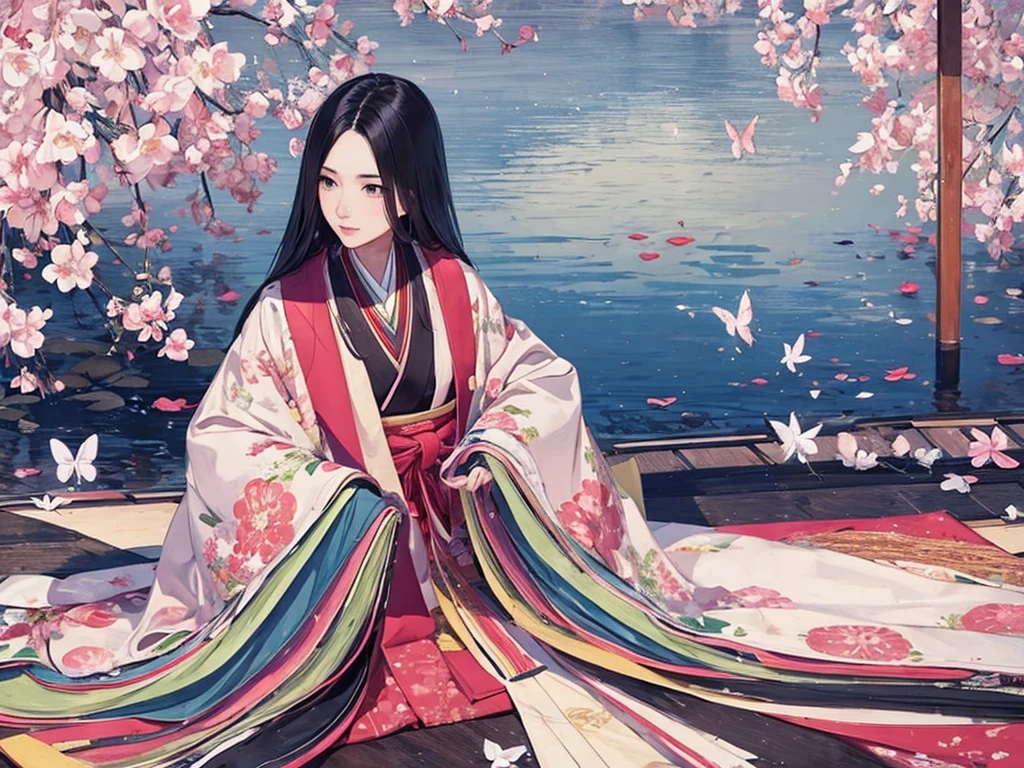 juunihitoe，(masterpiece, highest quality, highest quality，aesthetics:1.2)，From the side，Esbian all over，1300 years ago，Japan_Heian period，noble，１Beautiful Princess，Beautiful Skin，(Straight Hair　Long beautiful black hair　wealthy)，Beautiful round eyes，(kimono　Gentle pink hue　The beauty of layered colors)，Silk luster，Layered collar，Wide sleeves，Long hakama hem，dream-like，Elegant，highest quality，Beautiful graphics, Ultra Detail，butterfly，Fresh，close，Pure White Background，Image of a transparent robe，Beyond eternity，warm