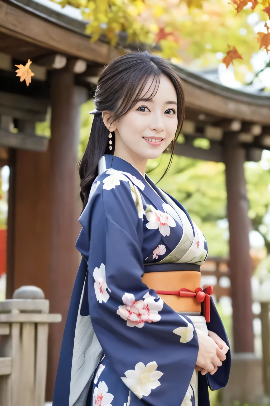 (Super beautiful woman in kimono)、((best qualtiy、8k masterpieces:1.3))、((front shot)),sharp focus:1.2、(ultra beautiful faces:1.0)、(shinny skin:1.0)、photos realistic、A dark-haired、Video Lighting、High-definition eyes and face、Video Lighting、Japanese actressl、from the front side、medium breasts、With a happy smile、((wearing kimono and obi))、Under the autumn leaves、,(( in Japanese temple))