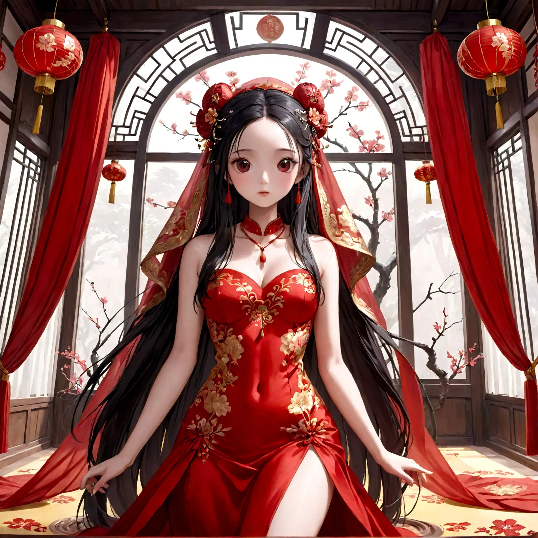 very long hair,（（（Eyes are very delicate）））（（（hair accessories）））（（（veil）））,necklace,Misako wears a red transparent sexy silk dr...