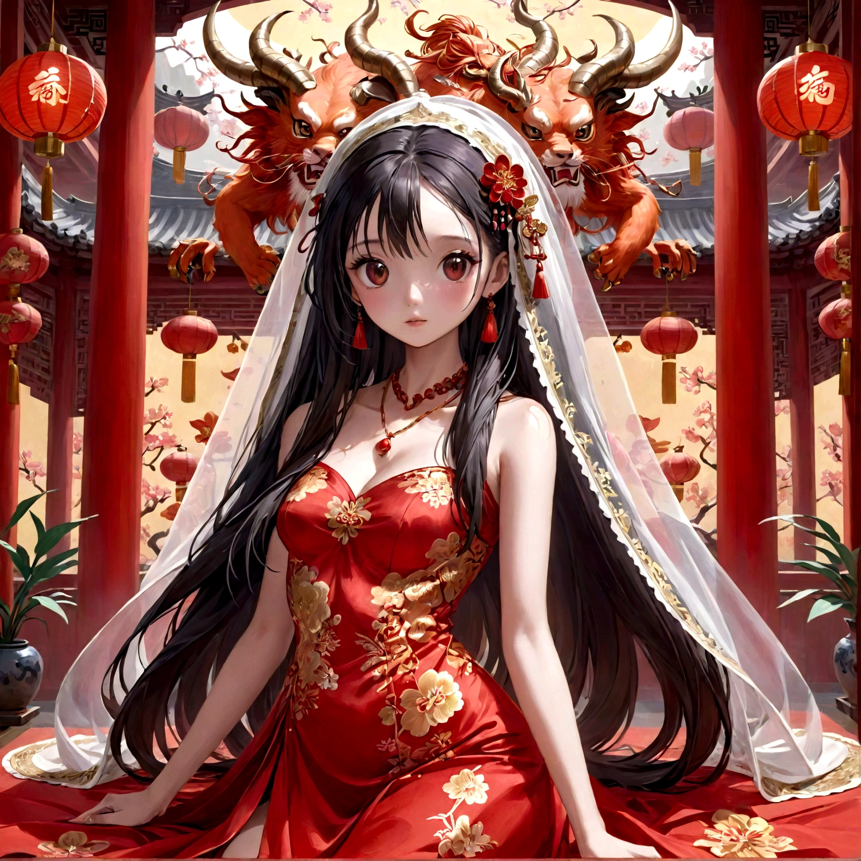 very long hair,（（（Eyes are very delicate）））（（（hair accessories）））（（（veil）））,necklace,Misako wears a red transparent sexy silk dress, ((skin glowing))The room is filled with Chinese New Year decorations（（（masterpiece）））, （（best quality））, （（intricate details））, （（Surreal））（8k）, loli