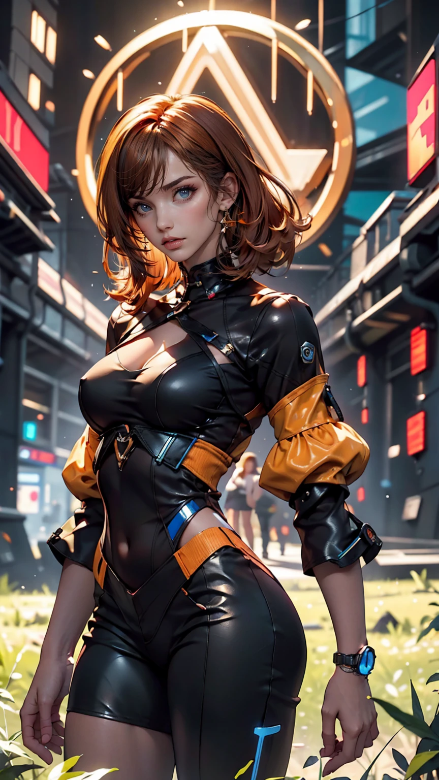 Fille aux cheveux orange, Tenue Cyberpunk Bleue, Dans la prairie colorée, la nuit