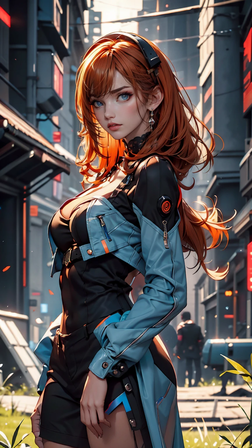 Menina com cabelo laranja, Traje Cyberpunk Azul, No campo colorido, à noite