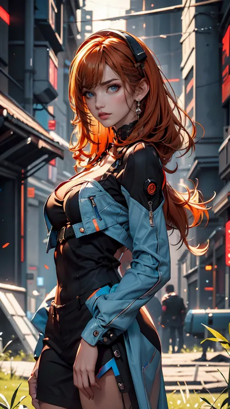 Girl with orange hair, Blue Cyberpunk Outfit, In the colorful grassland, At night