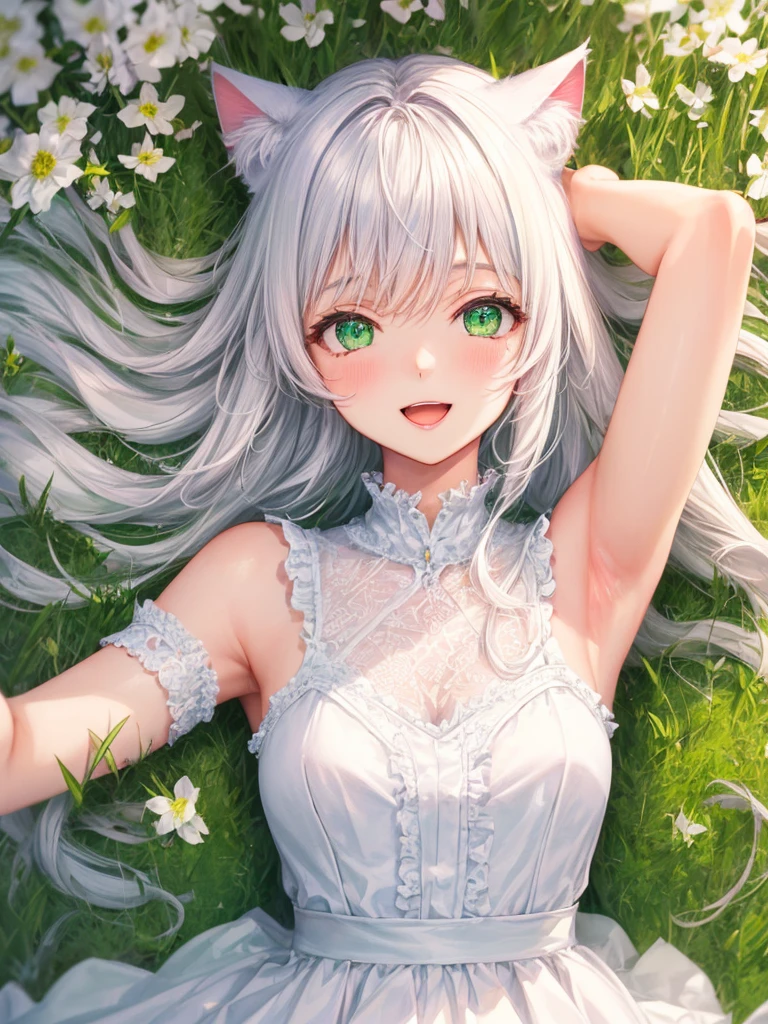 art by Cornflower,(​master piece),(top-quality:1.2),(perfect anatomy),1 girl, (Cat ear:1.3),Vibrant colors,(white color clothes, Beautiful frills:1.2),beautiful detailed green eyes,(white hair),small breasts,(sideways glance),open mouth,smile,armpits,The atmosphere is full of happiness and laughter,soft pastel tones,Create an ethereal atmosphere like a dream,Depth of written boundary, Bokeh,film lighting,Standing in a field full of green bristlegrass