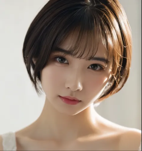 1 girl,Beautiful Korean Idol、((Looking into the camera:1.7))、Bust up shot:1.6、(Brown Hair:1.6)、(Brown hair short cut:1.6), (Part...